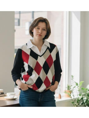 Ladies Koret Fooler Sweater, Harlequin Pattern, Collared VNeck, Casual, Business